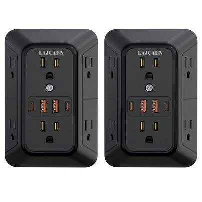 2 Pack Wall Outlet Extender - 6 AC Outlets & 4 USB Charger (2 USB C Ports), 1050J Surge Protector Power Strip, 3-Side Space Saving Design, Wall Mountable For Home, Dorm, Office Essentials
