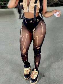 European& American Style Women's Summer New Sexy Mesh Sheer Hollow Out High Waisted Tight Long Casual Pants, Plus Size - 黑色 - 查看 7