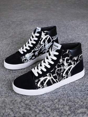 Plus Size Men's Graffiti Print Canvas Shoes, Fashionable Casual High-Top Skate Shoes, Classic Black Dirt-Resistant Breathable Canvas Shoes, Suitable For Outdoor Walking And Travel