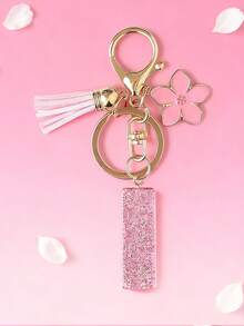 1pc DIY Pink 26 English Alphabet Keychain, Resin Glitter Flower Tassel Key Chain For Women Christmas Gift