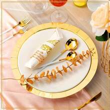 100/50pcs Gold Heavy Duty Reusable Plates - Elegant Polished Metal Rim, Thick Paperboard Material Suitable For Weddings, Birthday Parties, Banquets - Spill-Proof Tabletop Decor, Easy To Clean - Gold - View 7