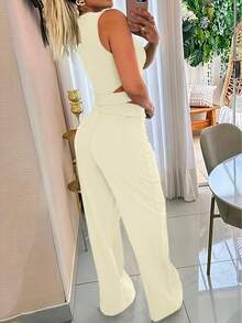 Setelan Dua Potong Wanita Musim Panas Tipis Modis Kasual Slim Fit Elegan Warna Polos dengan Kancing Dekoratif, Bahan Tenun Sederhana Tidak Melar Slim Fit dengan Resleting Ringan untuk Musim Semi/Panas - Aprikot - View 4
