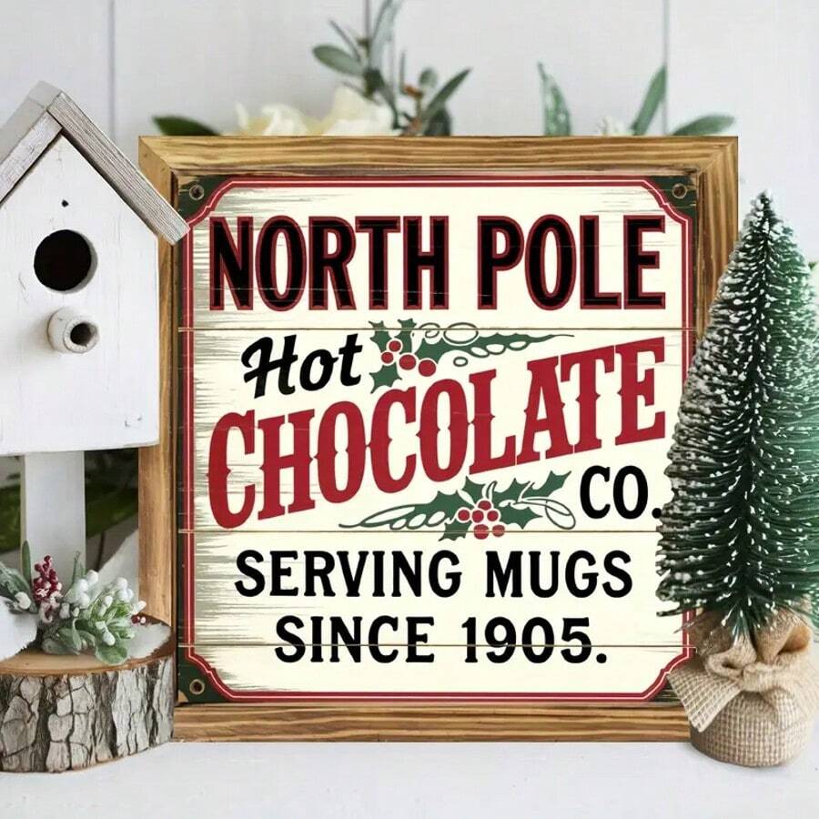 1pc Christmas Wooden Decor Hanging Ornament, Charming North Pole Hot Chocolate Wooden Sign - Christmas Country Farmhouse Wall Art For Kitchen, Bathroom, Bedroom And Office | Perfect Housewarming Or Christmas Gift, North Pole, Hot Chocolate, Vintage, Rustic Wall Art, Home Decor - Multicolor - View 1