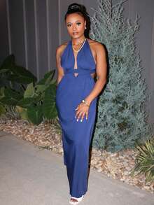 Steph T Women Solid Color Halter V-Neck Vacation Holiday Beach Criss Cross Tie Backless Maxi Dress Vacation Beach Outfits