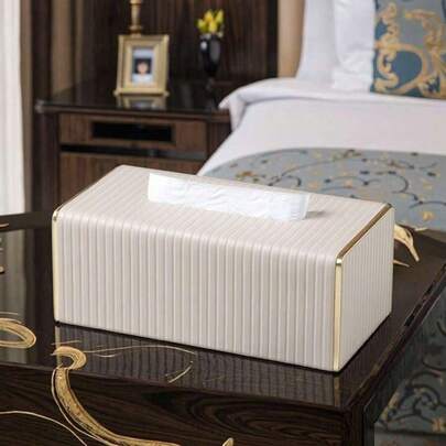 PU皮革条纹纸巾盒，北欧奢华酒店风格金色边框纸巾盒，大容量餐巾纸收纳盒，适用于客厅和卧室，母亲节礼物，宿舍必备