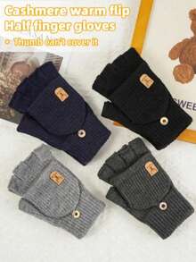 1 Pair Of Winter Warm Knitted And Plush Thick Half Flip Gloves, Touch Screen Riding Student Writing Plush Gloves - Multicolor - View 2