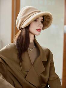 1pc Women's New Autumn/Winter Velvet Trim Metal Decor Baseball Cap, Elegant Lady Style Wide Brim Bucket Hat, Breathable Lightweight Warm, Washable, Suitable For Casual Outings In Fall/Winter