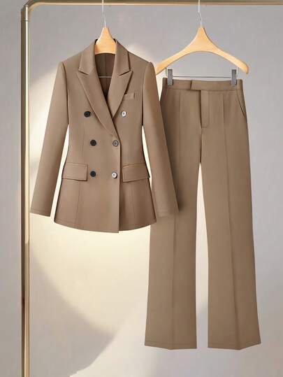 Women's Lightweight Commuter Solid Color Double-Breasted Fitted Mid-Length Long Sleeve Blazer And Straight Leg Pants Suit