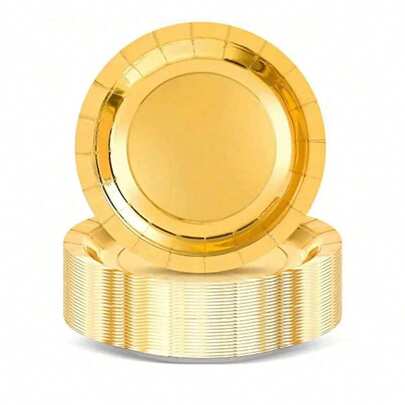 100/50pcs Gold Heavy Duty Reusable Plates - Elegant Polished Metal Rim, Thick Paperboard Material Suitable For Weddings, Birthday Parties, Banquets - Spill-Proof Tabletop Decor, Easy To Clean