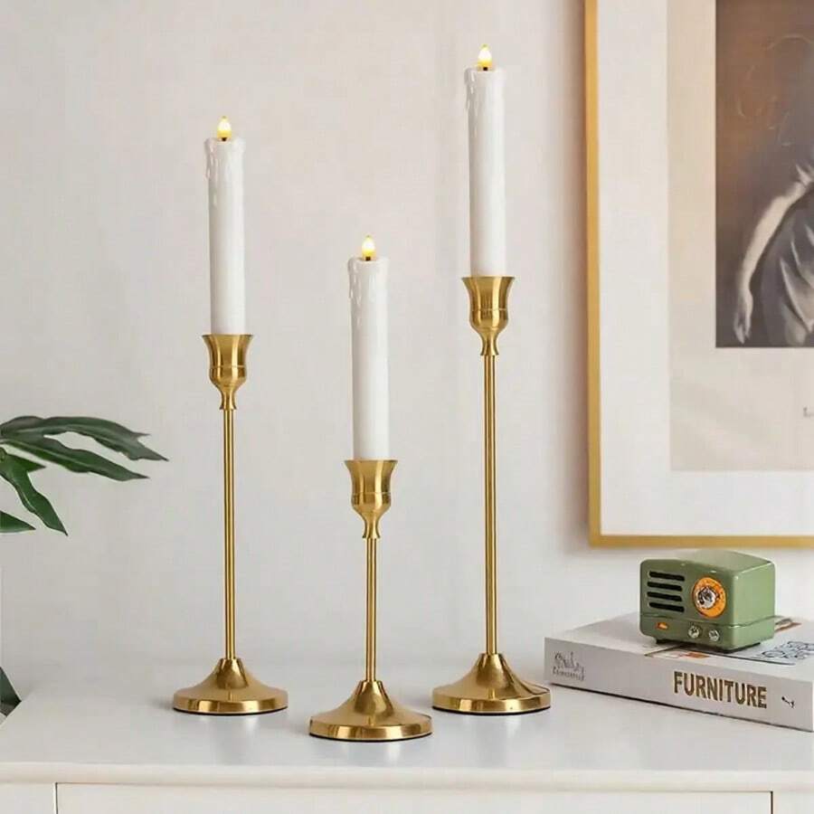 WAXJJDW 3pcs Brass/Gold Metal Candlesticks, Candlestick Holders For Table Centerpieces, Tall Candlesticks With Removable Candlestick Holders, For Wedding Centerpieces, For Party Wedding Table Centerpieces. Romantic Atmosphere Decoration For Restaurant Tabletops. Wedding Table Centerpieces, Candlesticks Suitable For Events, Receptions, Birthdays, And Home Decorations. (Candles Not Included) - 彩色 - 查看 1