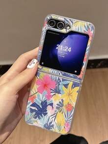 1pc Fashionable And Simple Drop Glue Shiny PC Material Tropical Plant Element Folding Phone Case, Can Protect And Prevent Falling: SamsungGalaxy Zflip 3/Zflip 4/Zflip 5/Zflip 6/Zflip 7/Galaxy Z Flip7 FE - Blue - View 1