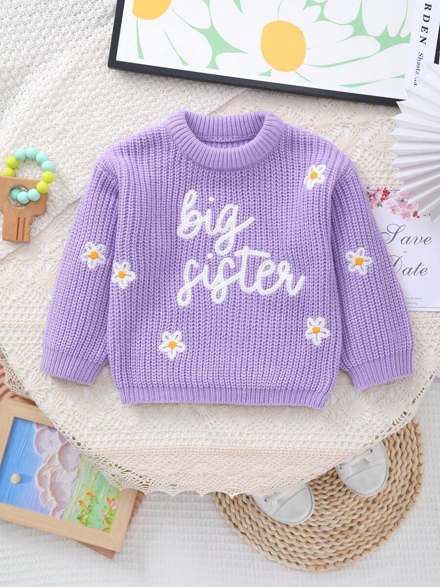 Baby Girls' Knitted Sweater With Delicate "Big Sister" Embroidery And White Flower Pattern, Soft And Warm - Purple - View 1