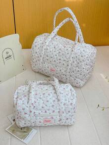 1Pc Pink Floral And Strip Pattern Duffel Bag With Large Capacity, Lightweight Travel Bag With Cute Prints - Perfect For Overnight Trips, Sports And Everyday Use.Travel Luggage Bag Women Gym Bag With Wet Bag Women Carry On Weekender Bag Gym Bag For Going Out, Short Trip, Fitness, Sports, Traveling Travel Accessories Travel Outfit Airport Travel Stuff Clothes Luggage Bag Christmas Gift Ideas - 粉色 - 查看 2