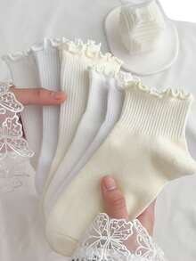 Ruffles Ankle Socks Women Lolita Cute Kawaii Korean Stocking Girl Spring Black White Middle Tube Japanese Sox - Black and White - View 3