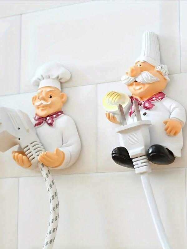1 Stück süße Cartoon Koch Steckdosenhalter - Selbstklebende Wandhaken für Küche, Bad, Schlafzimmer | Verspieltes Koch Design mit Kochmützen & Schnurrbärten | Platzsparender Kabelorganizer, Kabelhalter | Verspieltes Design | Selbstklebende Haken, Gebrauchshaken