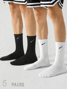 10 Pairs Unisex Casual Striped Socks, Fashionable Street Style Black & White Socks, Breathable Mid-Calf Socks For Couples - Black and White - View 2