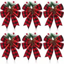 6pcs Christmas Buffalo Plaid Bowknot Plastic Pine Cone Picks, For Christmas Tree, Fireplace Wreath DIY Craft, Party Decor, Gift Packaging, Seasonal Decoration - Multicolor - View 12