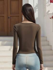 Women Solid Long Sleeve Shirts Slim Fit Deep V Neck Cut Out Crop Tops For Spring Fall Streetwear - Brown - View 4