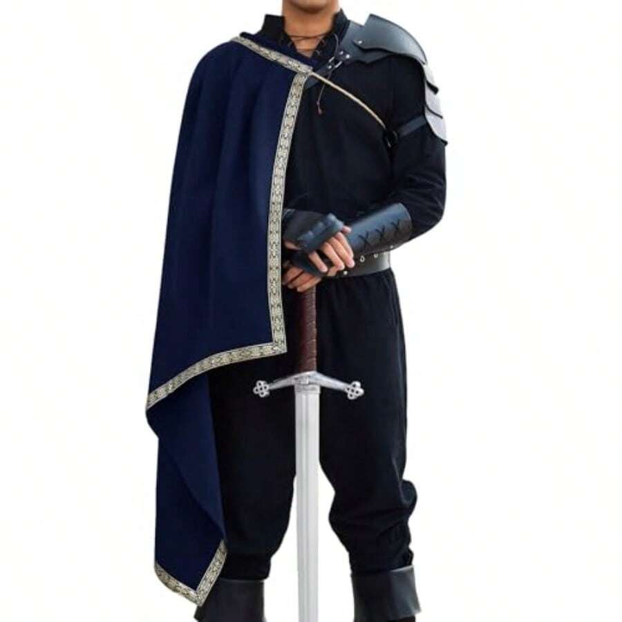 Runcati Mens Renaissance Shawl Half Shoulder Cape Medieval Samurai Cloak LARP Warrior Ren Faire Halloween Costumegift - Navy Blue - View 1