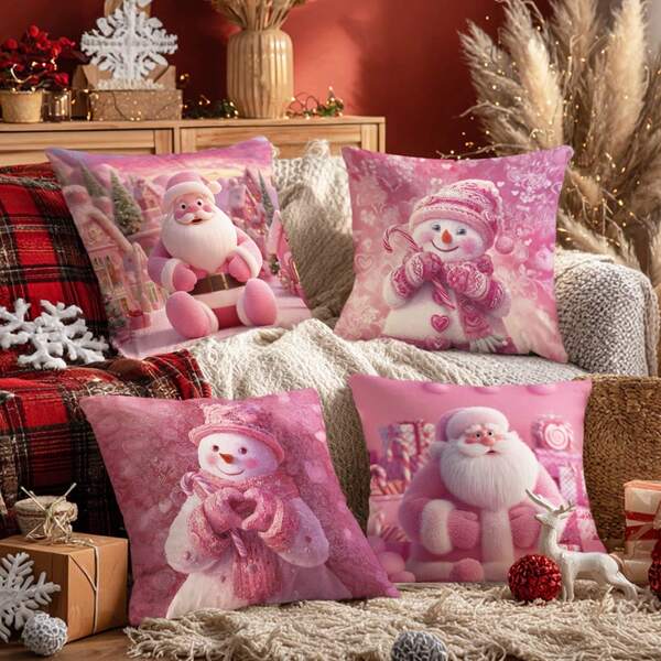 MEMNUN 4pcs Christmas Pink Cute Santa Claus & Snowman Heart Print Pillow Covers [No Pillow Insert], 17.7*17.7in(45*45cm), [Single-Sided Printing] Merry Christmas Polyester Throw Pillow Covers, Christmas Decor, Room Decor, Home Decor, Bedroom Decor, Room Decoration Stuff For Sofa, Living Room, Bedroom, Car, Office, Hotel, Homestay, Great Christmas Gift For Family And Friends