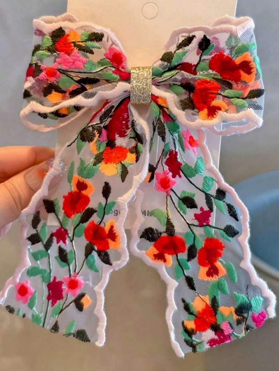 1 Stück Mädchen bunte bestickte Spitze Schleife Haarspange mit Krokodilklemme (ohne Karte)