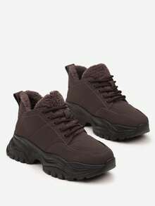 Zapatillas de plataforma gruesa con forro de piel de imitación suave para mujer, botas casuales de invierno - Marrón - Ver 5