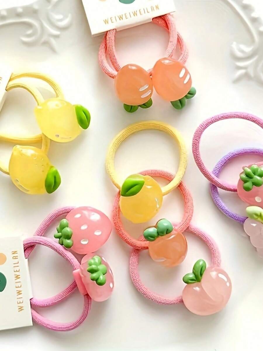 5pcs/10pcs Botanical Mini Hair Ties - Strawberry Vine & Grape Cluster Scrunchies With Carrot/Lemon/Peach Accents, Snag-Free Elastic Bands For Flyaways (Office/Daywear/Gym | Adult Hair Essentials)