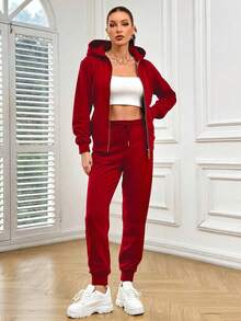 Conjunto casual 2 piezas con sudadera, gorro, cordones y pantalón con bolsillos - Rojo - Ver 4