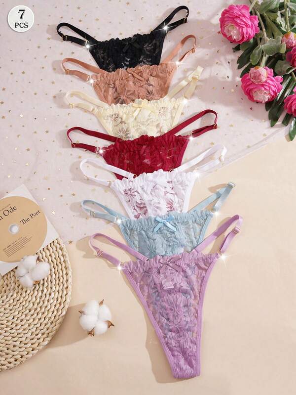 7pcs Cute - Innocent Cute - Sweet Romantic - French Mature Charm - Elegant Romantic - Retro Palace Y2K Mature Charm - Luxurious Knit Fabric Bow Low Waist Romantic Comfortable Sexy Thong