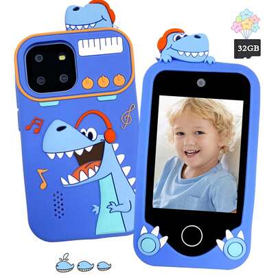 Brinquedo de dinossauro para smartphone para meninos e meninas, presente de Natal e aniversário para crianças de 3 a 9 anos, mini smartphone com tela sensível ao toque de 2,8 polegadas, 18 jogos educativos, câmera dupla e tocador de música, inclui cartão SD de 32 GB