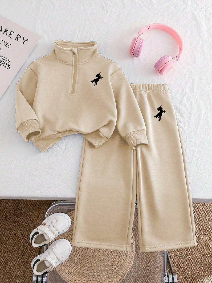 Chatreadl مجموعة بنطلون وبلوزة بنقشة وحيد القرن مطرزة للبنات، بتصميم بسيط، مريحة للربيع والخريف والشتاء، قطعتان - لون مشمشي - مشاهدة 1