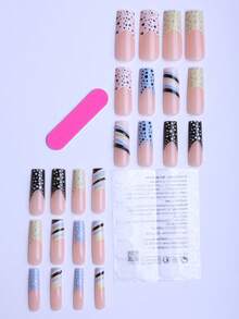 24 piezas de uñas postizas francesas largas y cuadradas con rayas de gel de colores contrastantes, lunares, aptas para damas y niñas en fiestas, citas y salones de manicura, con 1 pieza de pegamento de gelatina y 1 pieza de lima