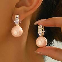 1pair Fashionable Pink Bead Rhinestone Decor Hoop Earrings For Women For Party - Màu Hồng baby - Xem 5