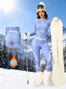 NcmRyu 1 Conjunto de top de manga larga y pantalones de contraste de color elástico térmico de moda para levantar el busto, traje deportivo y de esquí, conjunto de esquí para mujer