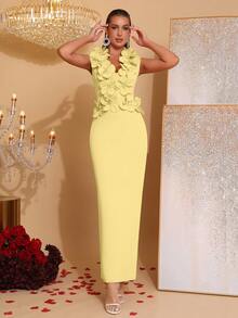 全新优雅 3D 花卉装饰深 V 领无袖连衣裙，适合婚礼宾客、伴娘、节日派对、正式晚礼服 - 淡黃色 - 查看 4