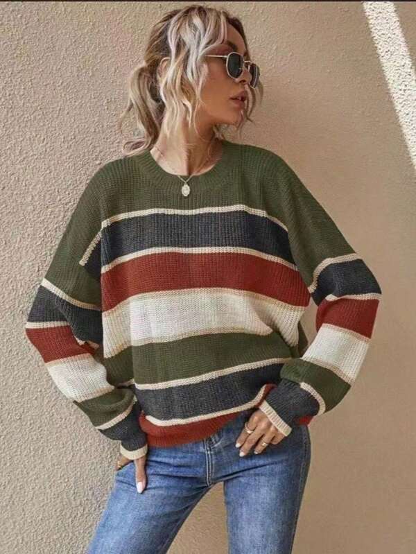 Suéter de punto de manga larga a rayas de moda para mujer, con ajuste regular y detalles acanalados