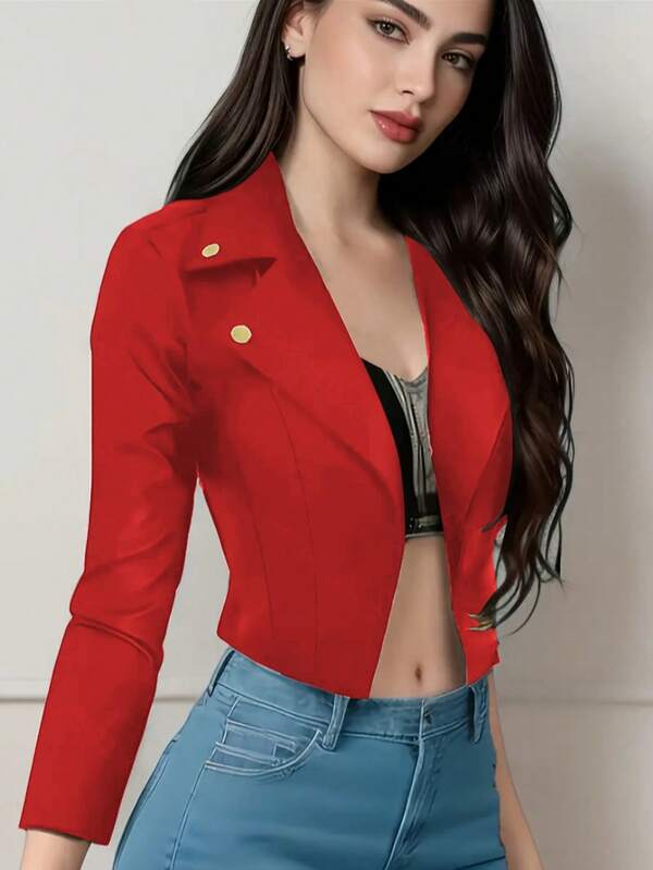 Women's Solid Color Turndown Collar Button Front Short Cardigan Jacket