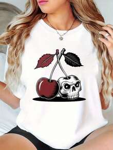 Playera de manga corta con cuello redondo y estampado de cerezas y calaveras, top casual deportivo de verano con cuello redondo de manga corta, ropa de mujer - Negro - Ver 6