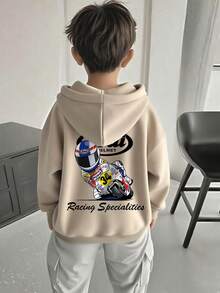 1件装男童休闲印花套头卫衣，保暖内衬，长袖，秋冬季 - 杏色 - 查看 1