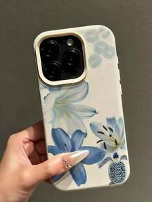 1 pezzo Custodia per telefono con motivo floreale di giglio blu e tartaruga marina, compatibile con 16 Pro Max. Custodia in pelle texture minimalista creativa, compatibile con 15 Pro, 11, 13, 12 Pro, 14, 7/8, anti-caduta