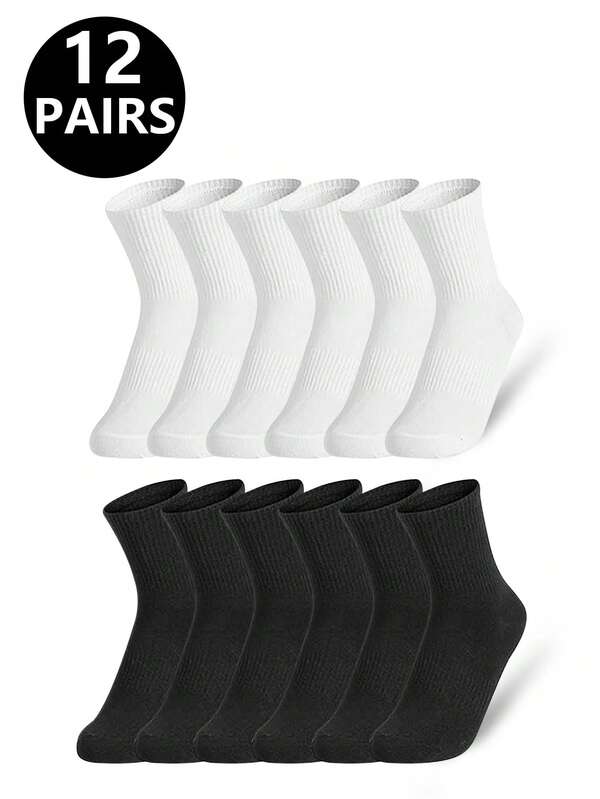 5/10/12 pares de calcetines casuales de cintura elástica de color negro y blanco sólido para adolescentes/jóvenes hasta la pantorrilla