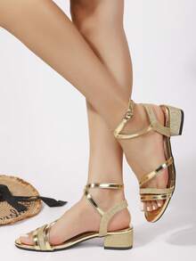 Shiny Rhinestone Embellished PU Leather Buckle Strap Casual Mid-Heel Beach Sandals For Women, Fashionable For All Seasons - Gold - View 5