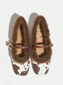 Women's Fashion Cow Print Slip-On Closed Toe Warm Fuzzy Flat Mary Jane Shoes, Brown, Versatile & Comfortable, Autumn/Winter - Brown - View 8