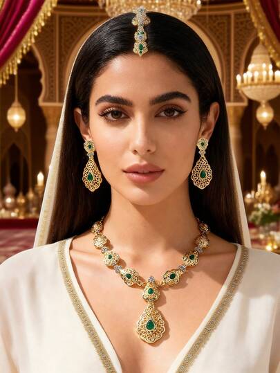 Herseygold 1 Set Plated Alloy Necklace & Earrings Jewelry Set, Classic Middle Eastern Arabic Floral Pattern Water Drop Pendant Necklace, Luxury Wedding Jewelry
