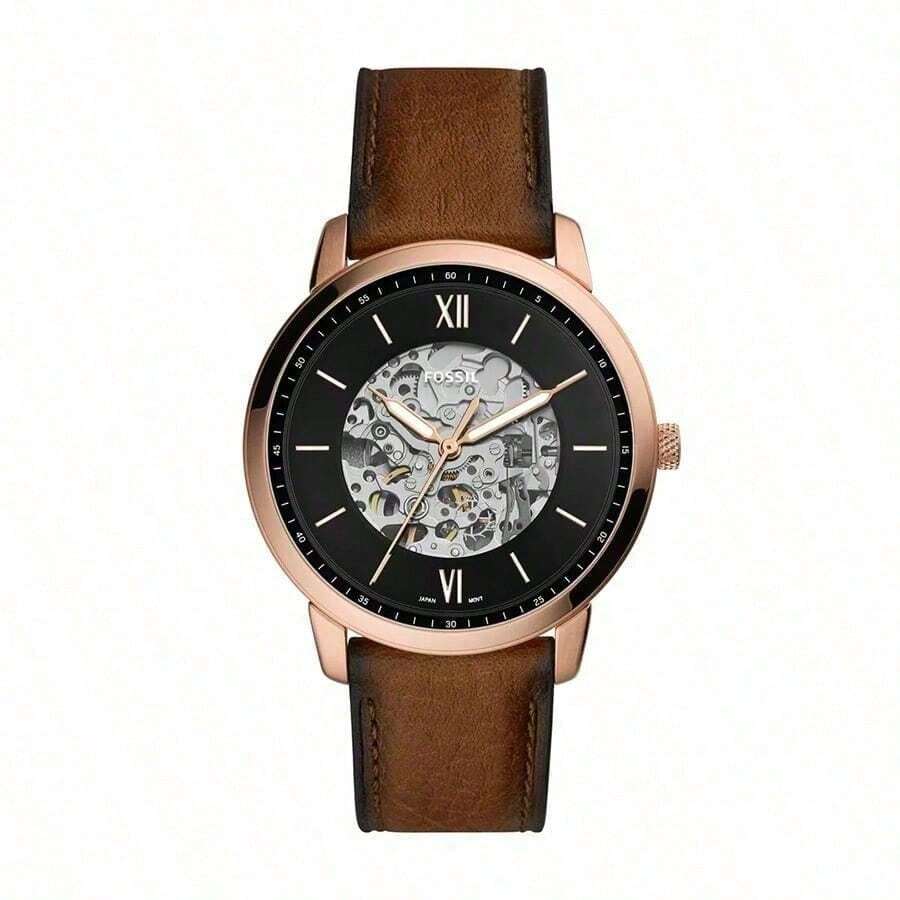 Fossil Herren Neutra Mode Automatikuhr ME3184 Beige Zifferblatt und dunkelbraunes Lederarmband Lässig Uhr geeignet für täglichen Geschäftsgebrauch, ideales Geburtstagsgeschenk für Männer, Freund, Vater