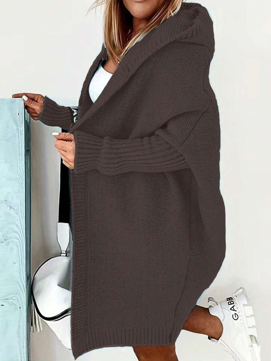 Kardigan Berkerudung Oversize Lengan Kelelawar Warna Polos - Coffee Brown - View 1
