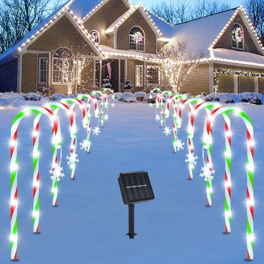 5-in-1 rote und grüne solar-betriebene Zuckerstangen-Lichter mit Schneeflocken-Ornamenten, Weihnachtsdekoration für Außenbereich, Garten, Weg, festliche Feiertags-Beleuchtung, solar-betriebene Außendekoration