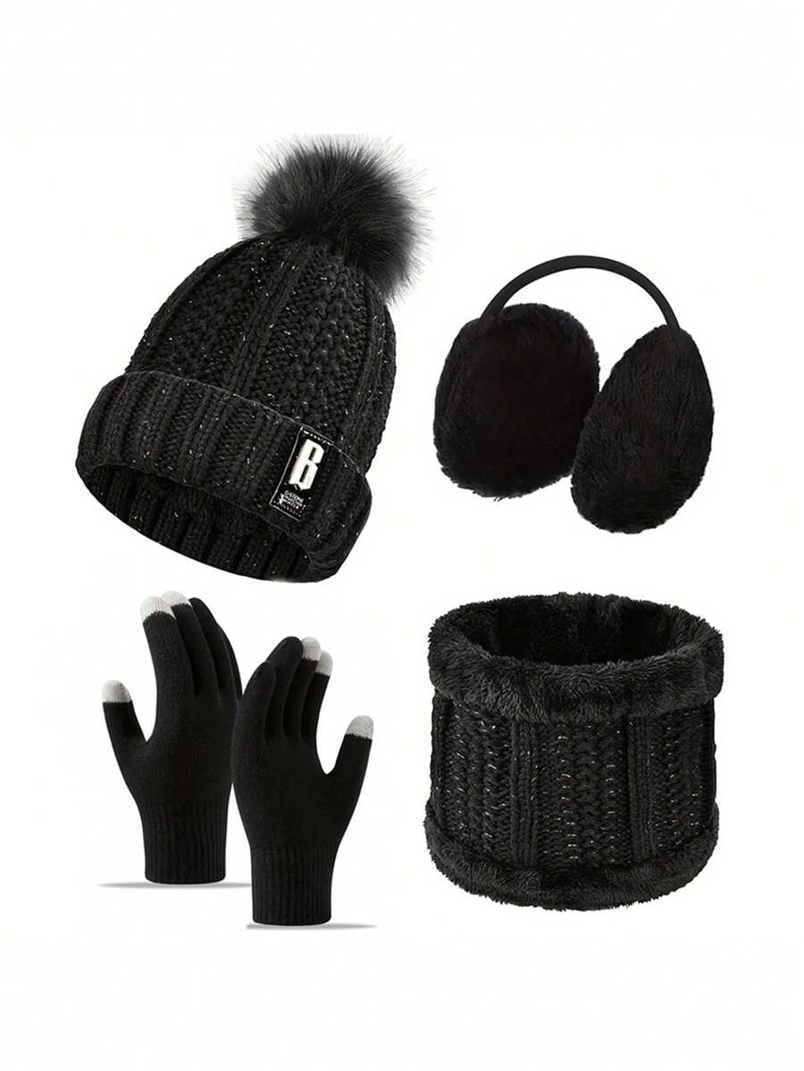 Set de 4 piezas de sombrero de invierno para mujer que incluye gorro, cuello, guantes y orejeras. Forrado de felpa gruesa con pompones lindos. Guantes con pantalla táctil para deportes de invierno y actividades al aire libre.