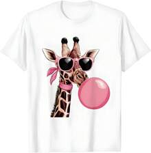 Men'sFunny Cute Giraffe Pink Bubble Gum And Pink Sunglasses T-Shirt