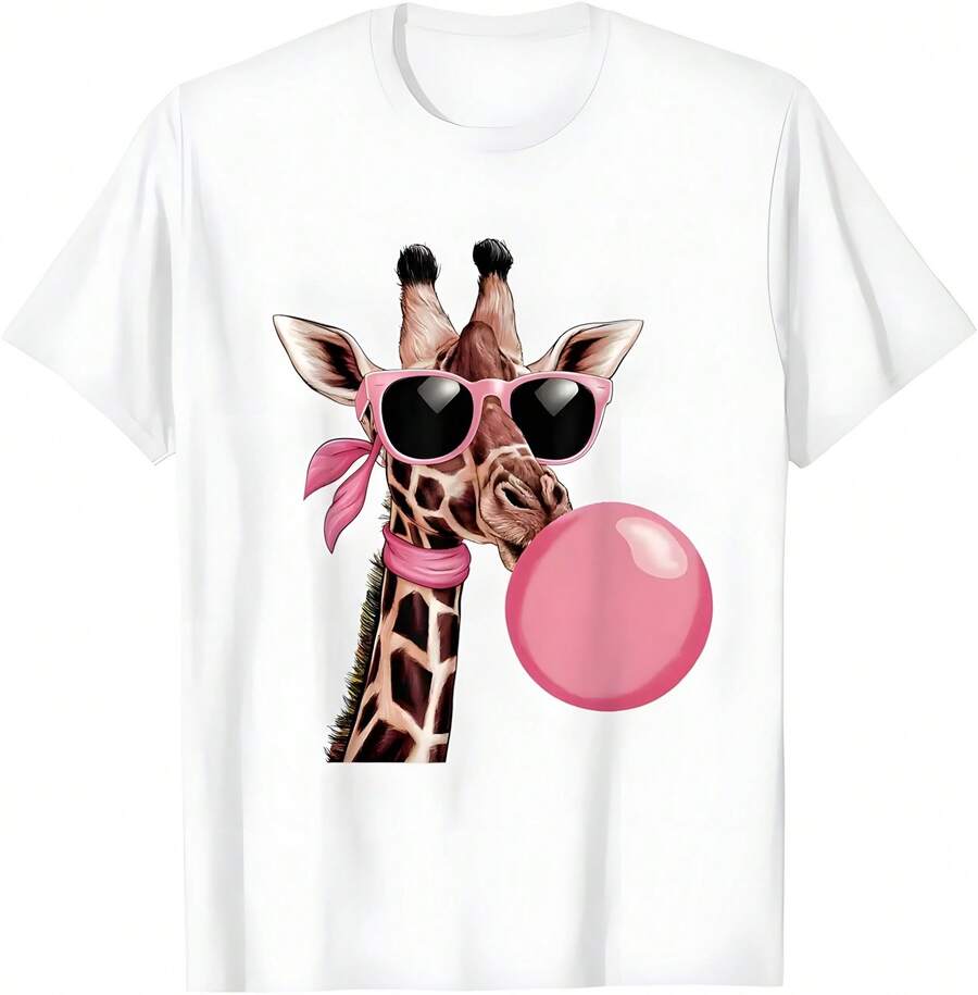Men'sFunny Cute Giraffe Pink Bubble Gum And Pink Sunglasses T-Shirt